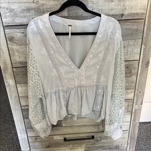 Free People Baby Blue and Oink Peplum Blouse with Long Sleeves